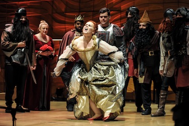 Elizabeth Barrow as the Queen with the Seven Dwarves in Snow White and Other Grimm Tales. Photo by David Ng.